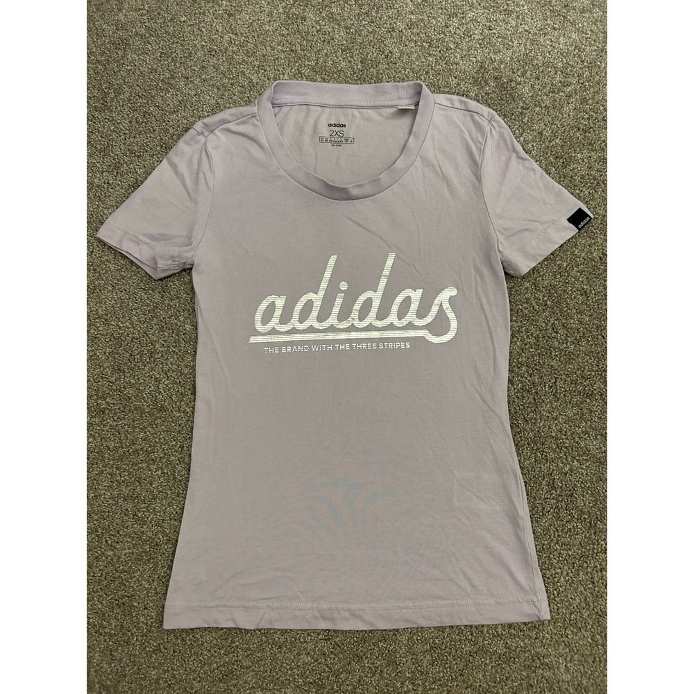 Adidas Graphic T Shirt Womens 2XS Purple Excellent Script Logo Short Sleeve Tee